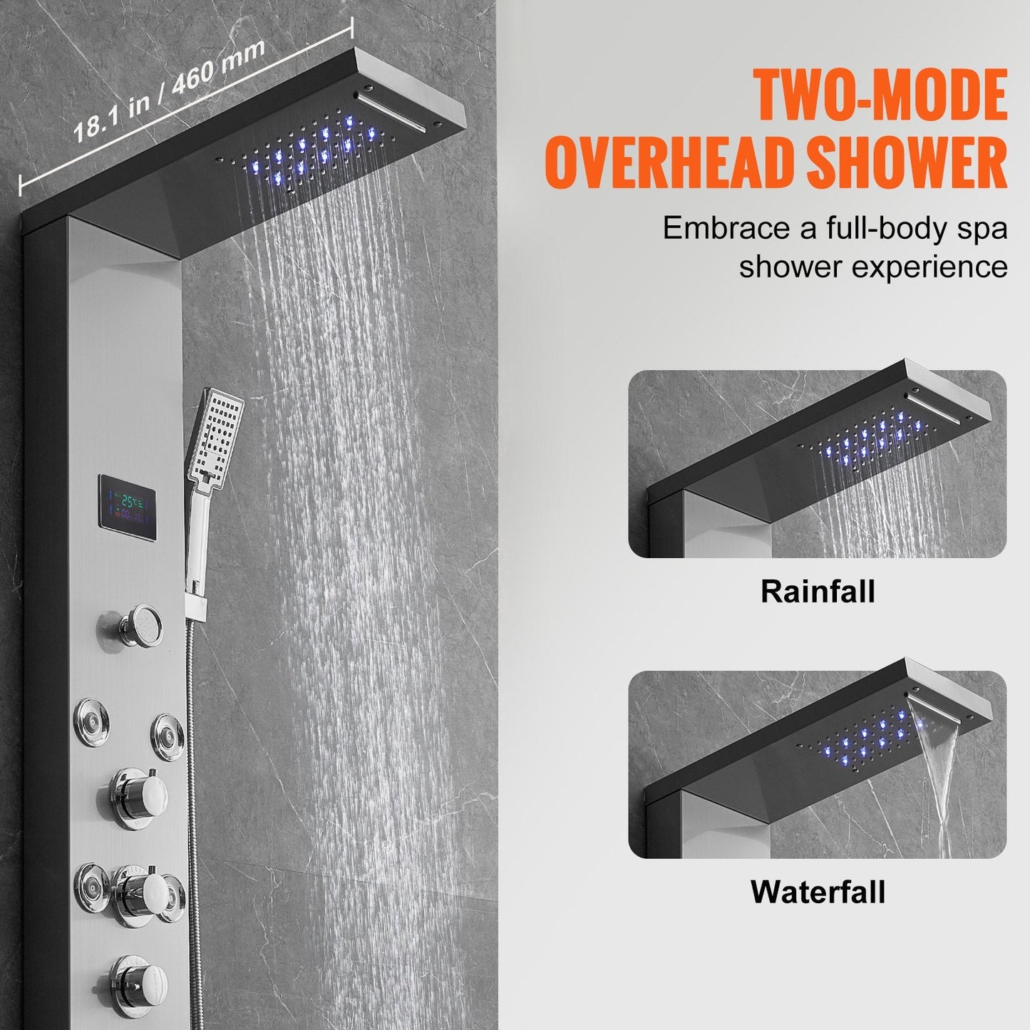 Luxury Wall-Mounted Stainless Steel Shower Panel with LED, 6 Modes, 8 Jets