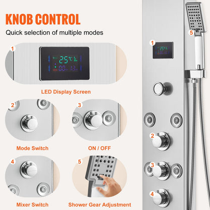 Luxury Wall-Mounted Stainless Steel Shower Panel with LED, 6 Modes, 8 Jets