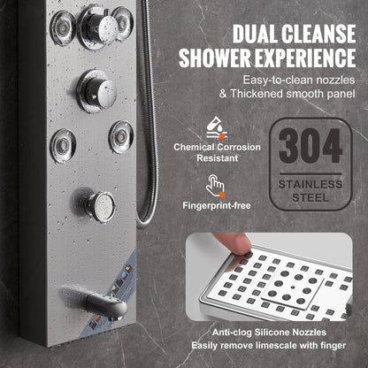 Luxury Wall-Mounted Stainless Steel Shower Panel with LED, 6 Modes, 8 Jets