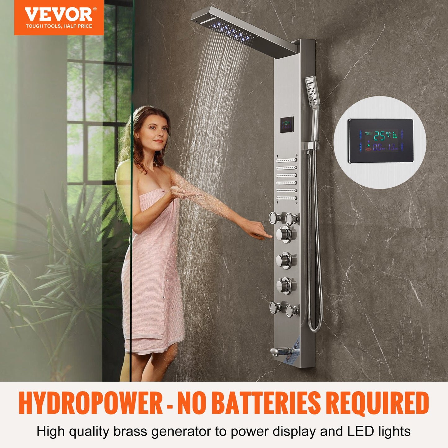 VEVOR Shower Panel System, 6 Shower Modes, LED & Screen Hydroelectricity Shower