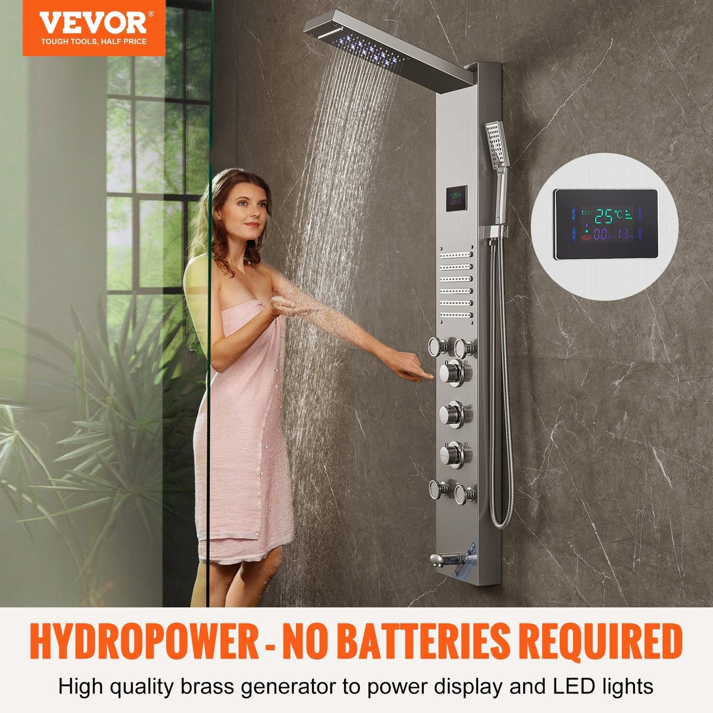 Luxury Stainless Steel Shower Panel with LED, 6 Modes, and Hydroelectric Screen