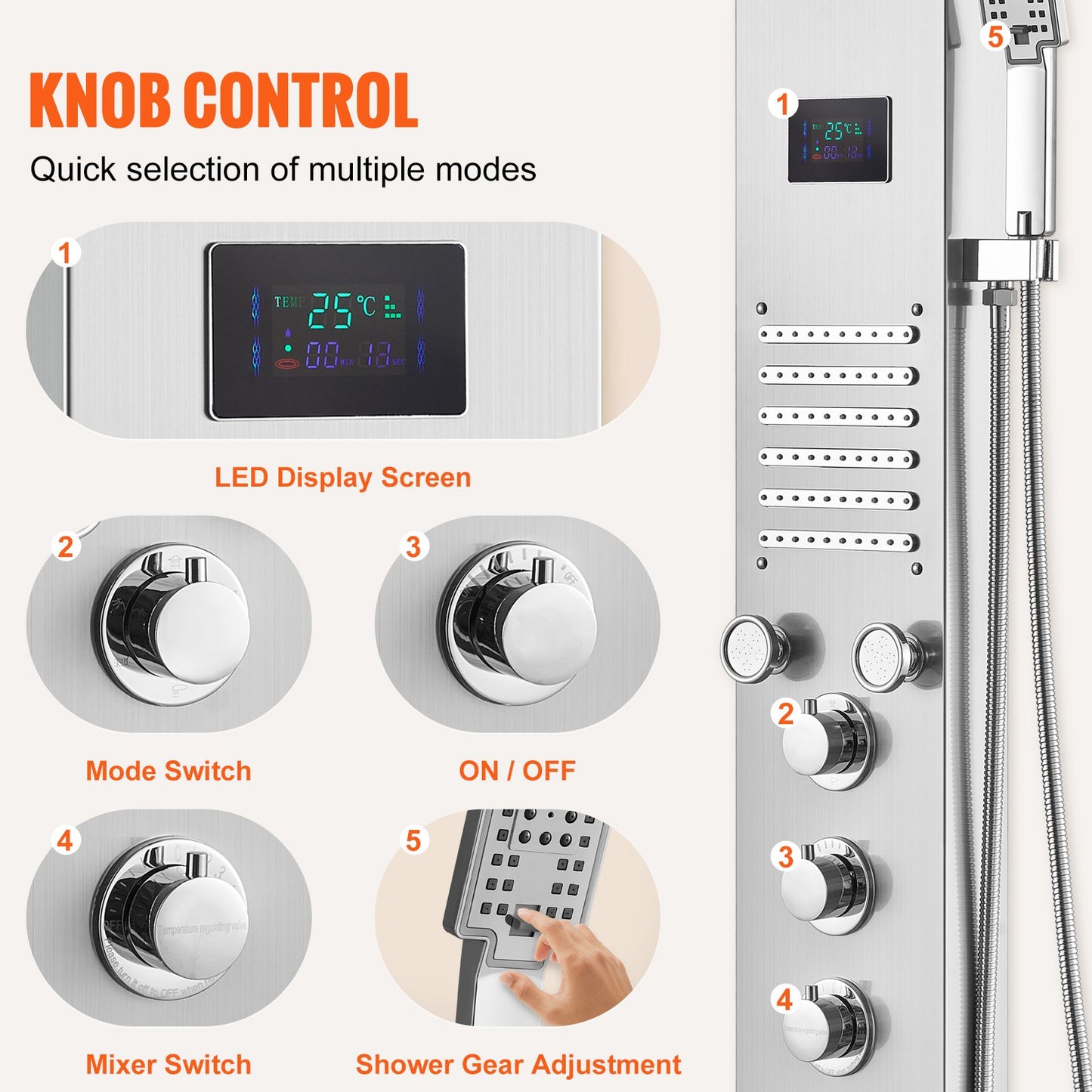 VEVOR Shower Panel System, 6 Shower Modes, LED & Screen Hydroelectricity Shower