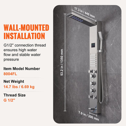 Luxury Stainless Steel Shower Panel with LED, 6 Modes, and Hydroelectric Screen