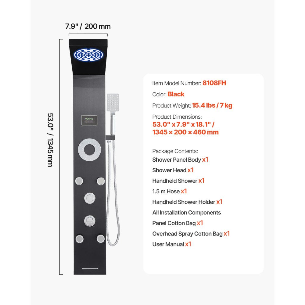 VEVOR Shower Panel Tower System Stainless Steel Column Rainfall Head Massage Jet