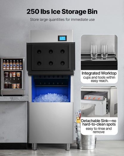 Commercial Ice Maker Machine, 163 KG/24H Ice-Making Machine with 113 KG Large Storage Bin, Auto Self-Cleaning Ice Maker with Touchscreen for Bar Cafe Restaurant Business Commercial