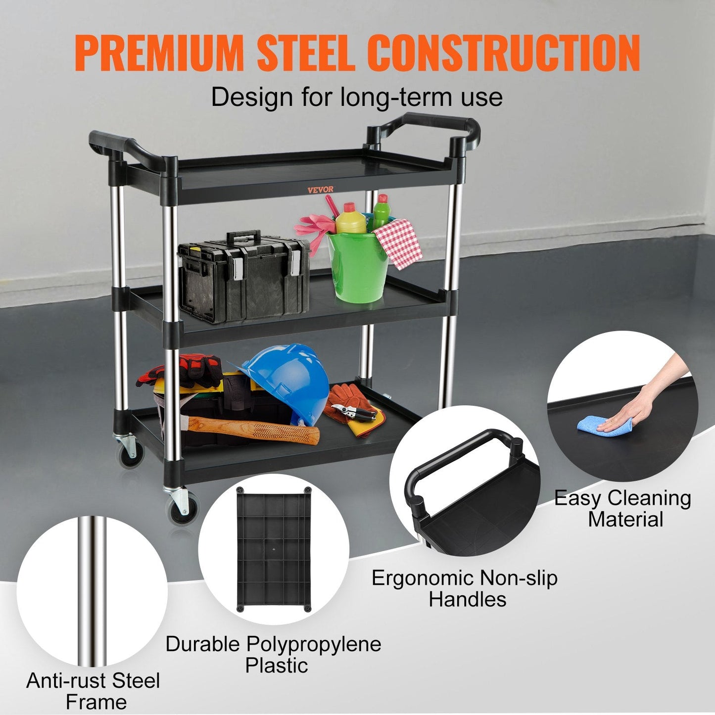 3-Tier Black Utility Cart with Wheels, 100 kg Capacity, 1 Meter Height