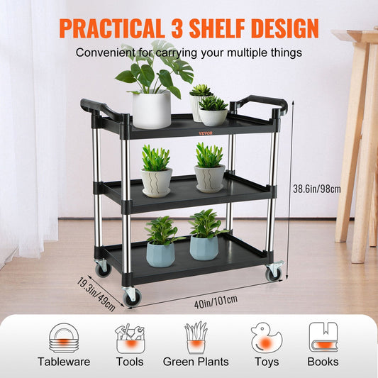 3-Tier Black Utility Cart with Wheels, 100 kg Capacity, 1 Meter Height