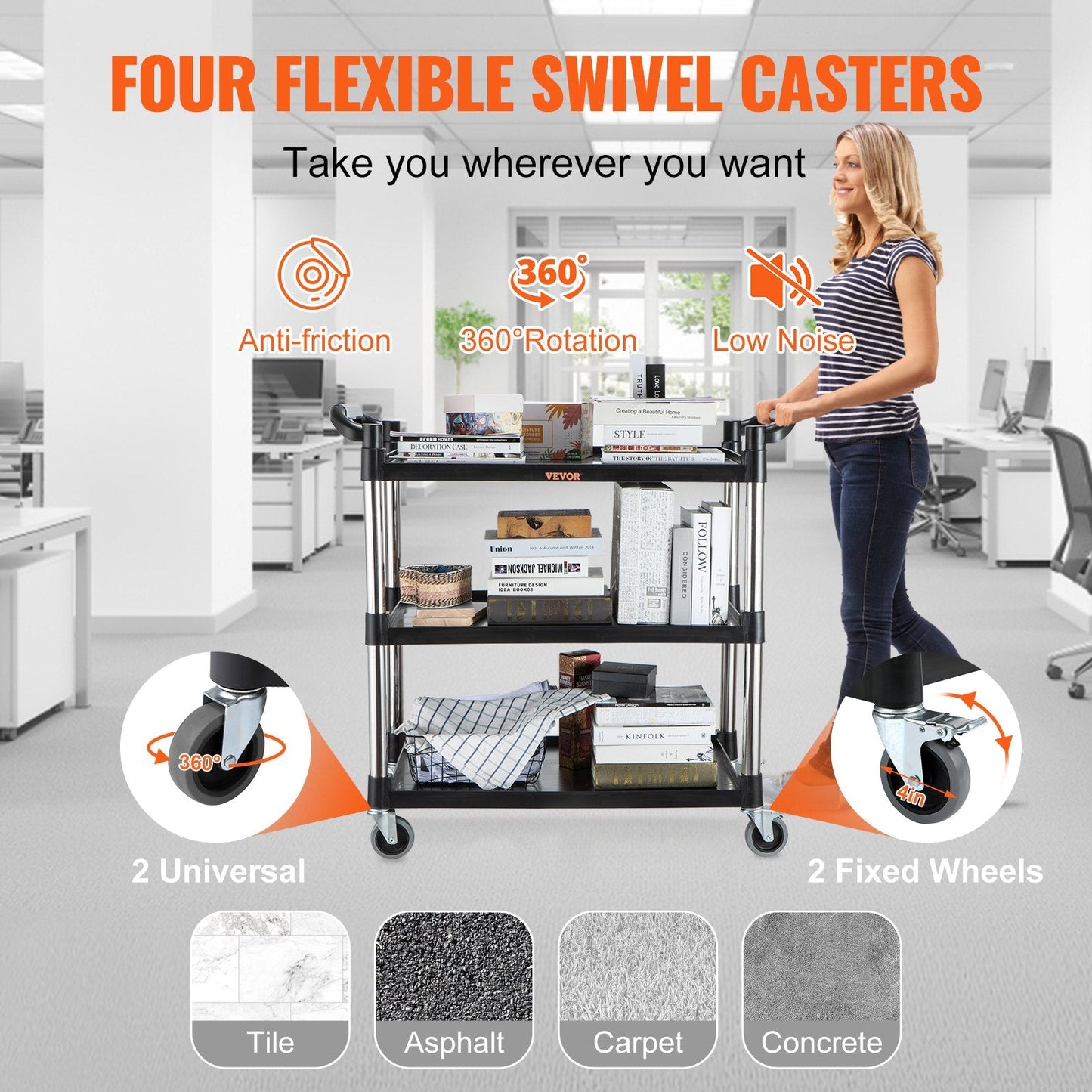 3-Tier Black Utility Cart with Wheels, 100 kg Capacity, 1 Meter Height