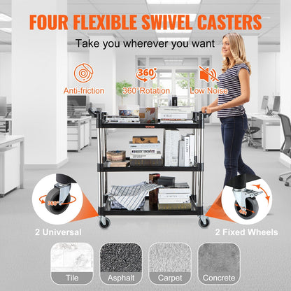 3-Tier Black Utility Cart with Wheels, 100 kg Capacity, 1 Meter Height