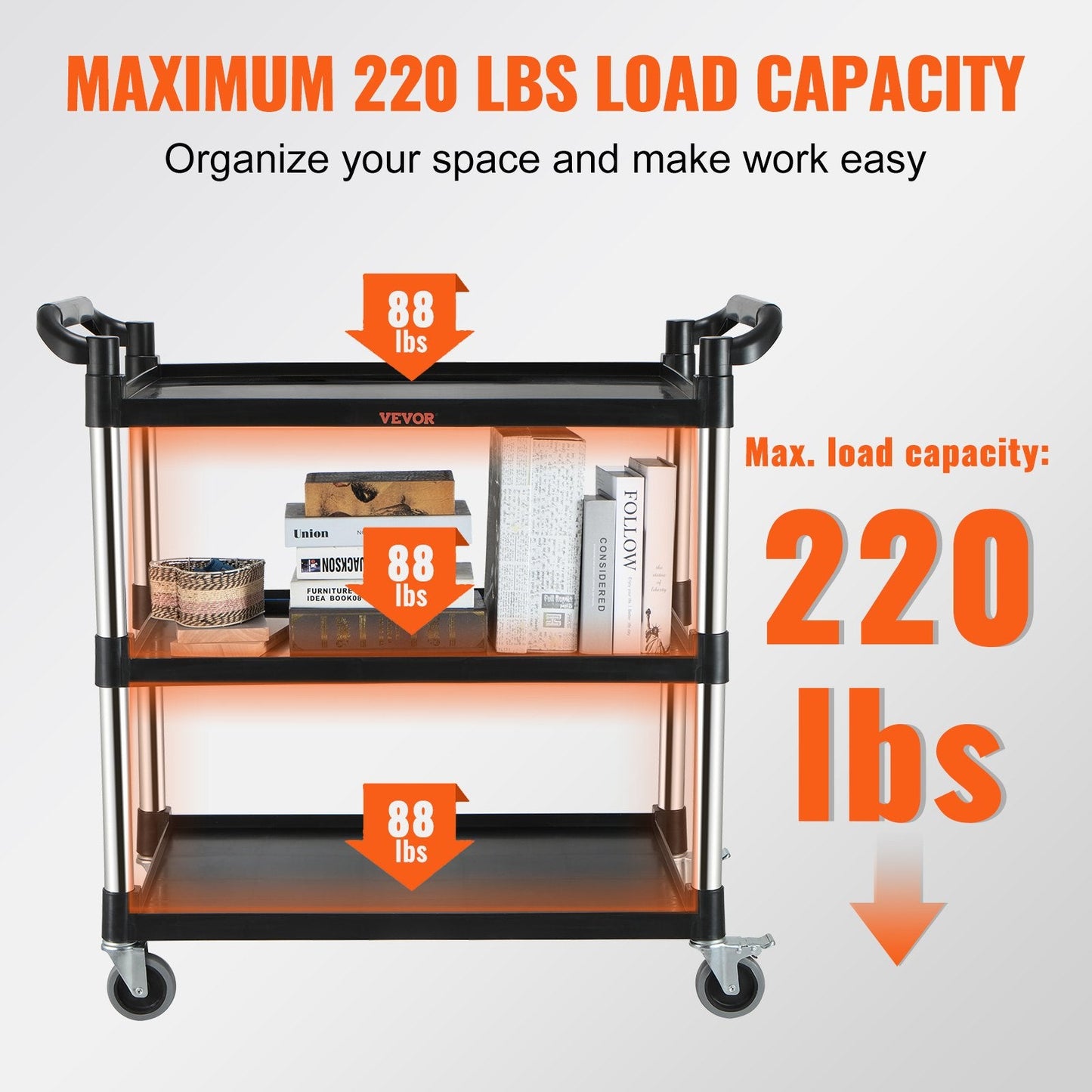 3-Tier Black Utility Cart with Wheels, 100 kg Capacity, 1 Meter Height