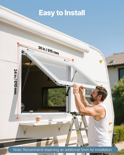 Concession Window 92x61 cm, Aluminum Alloy Frame Service Window for Food Truck, Up to 85 Degrees Stand Serving Window with Awning Door and Drag Hook, Rainwater Resistant for Concession Trailers