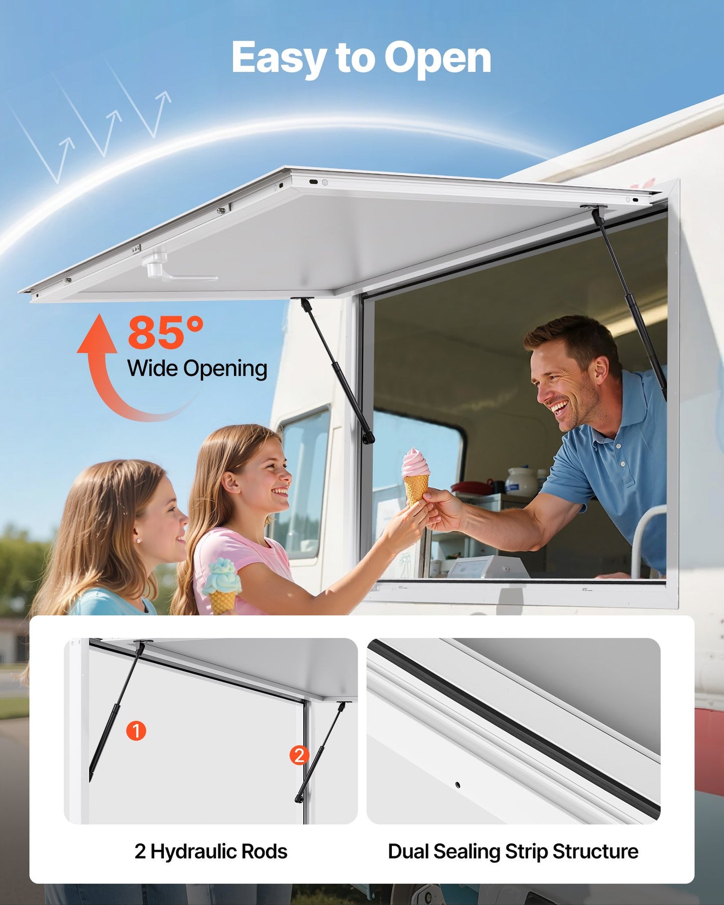 Concession Window 152x92 cm, Aluminum Alloy Frame Service Window for Food Truck, Up to 85 Degrees Stand Serving Window with Awning Door and Drag Hook, Rainwater Resistant for Concession Trailer