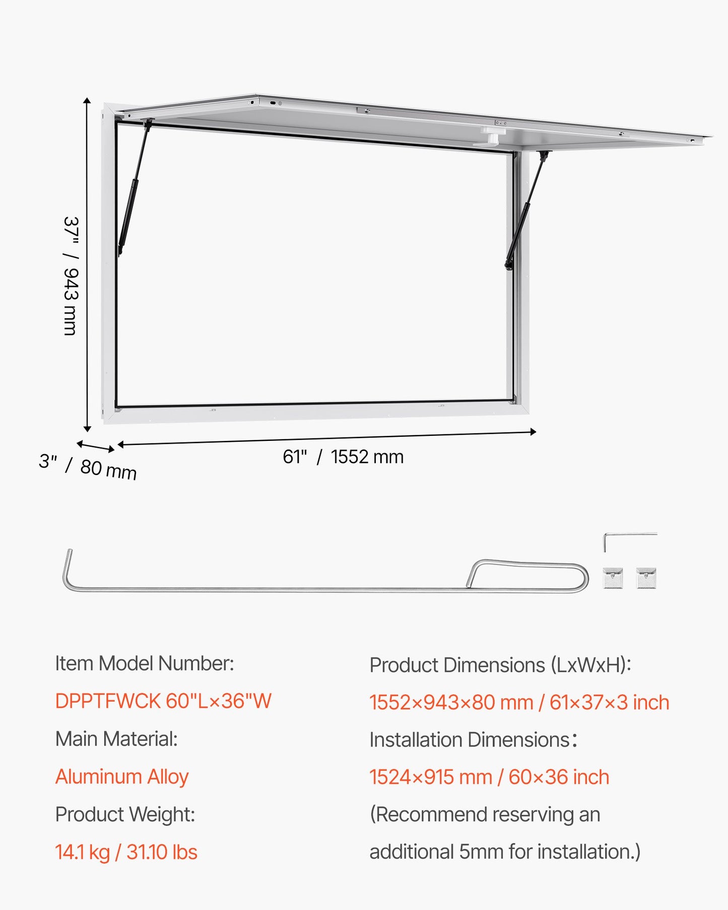 Concession Window 152x92 cm, Aluminum Alloy Frame Service Window for Food Truck, Up to 85 Degrees Stand Serving Window with Awning Door and Drag Hook, Rainwater Resistant for Concession Trailer