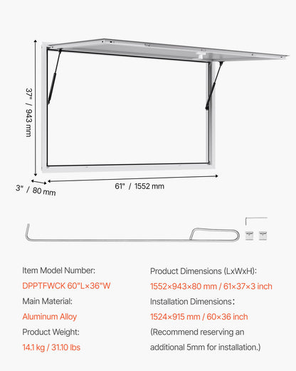 Concession Window 152x92 cm, Aluminum Alloy Frame Service Window for Food Truck, Up to 85 Degrees Stand Serving Window with Awning Door and Drag Hook, Rainwater Resistant for Concession Trailer