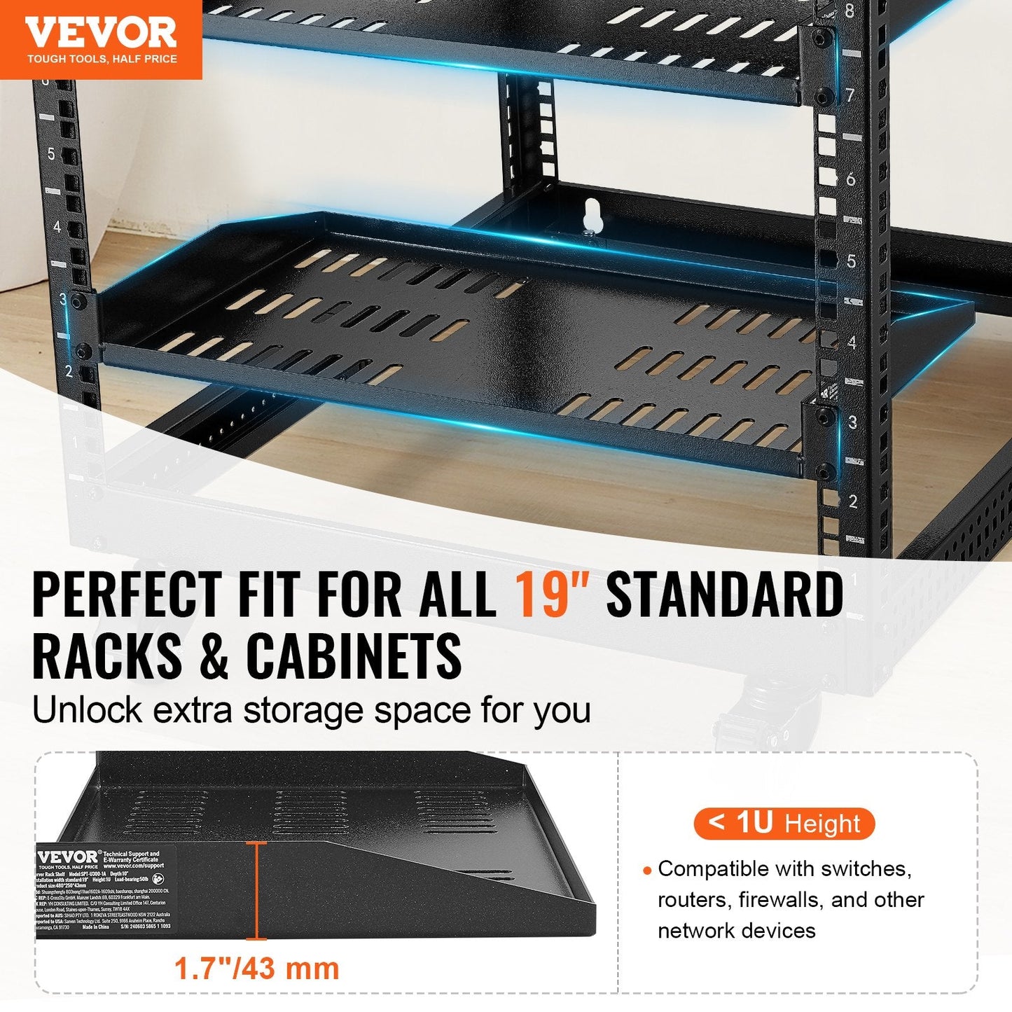 Pair of 1U Vented Server Rack Shelves, 0.25m Depth, 22.68kg Load Capacity