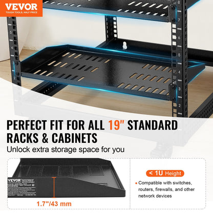 Pair of 1U Vented Server Rack Shelves, 0.25m Depth, 22.68kg Load Capacity