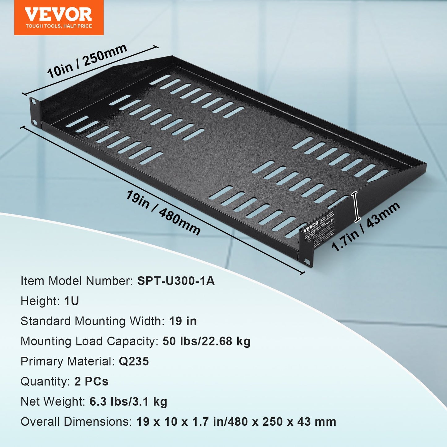 VEVOR 2PCS 1U Server Rack Shelf 10"/254 mm Depth Vented Rack Mount Shelf Tray