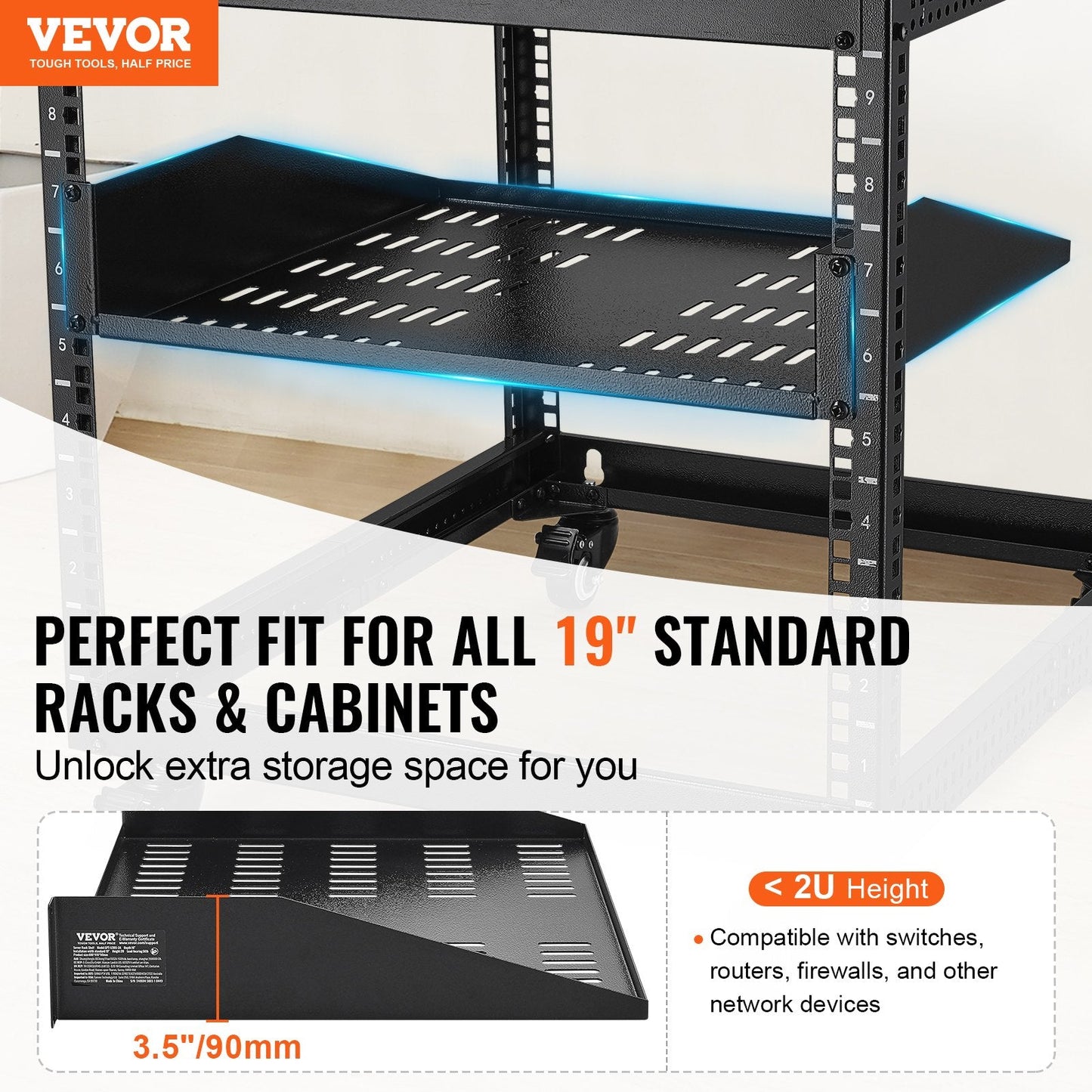 2U Vented Server Rack Shelf with Tray, 406 mm Depth, 22.68 kg Load Capacity