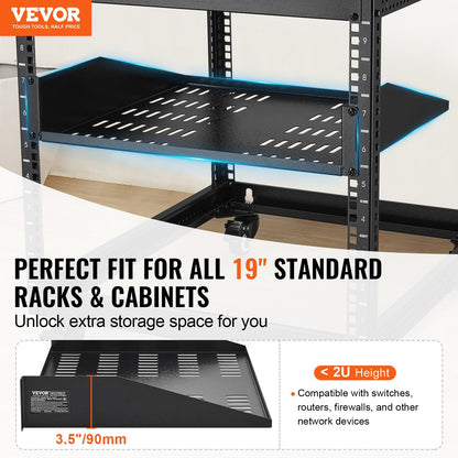 2U Vented Server Rack Shelf with Tray, 406 mm Depth, 22.68 kg Load Capacity