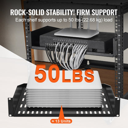 2U Vented Server Rack Shelf with Tray, 406 mm Depth, 22.68 kg Load Capacity