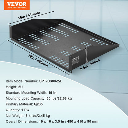 2U Vented Server Rack Shelf with Tray, 406 mm Depth, 22.68 kg Load Capacity