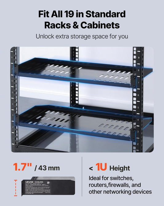 1U Server Rack Shelf, 4 PCS, 22.68 kg Max Load-Bearing Vented Cantilever, Wall Mount or Rack Mount Shelf with Tray, 254 mm Depth, Good Air Circulation for Cabinet Computer Network Equipment