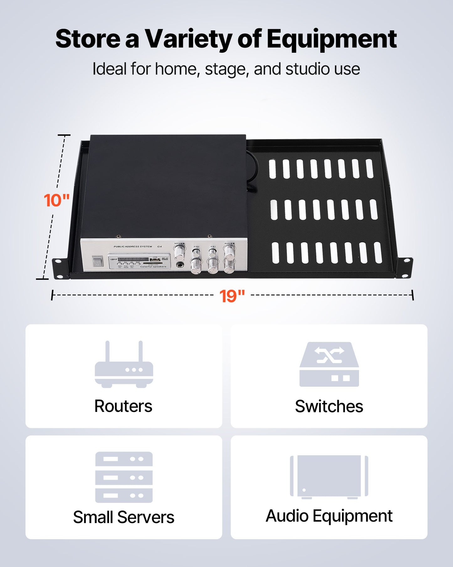 1U Server Rack Shelf, 4 PCS, 22.68 kg Max Load-Bearing Vented Cantilever, Wall Mount or Rack Mount Shelf with Tray, 254 mm Depth, Good Air Circulation for Cabinet Computer Network Equipment
