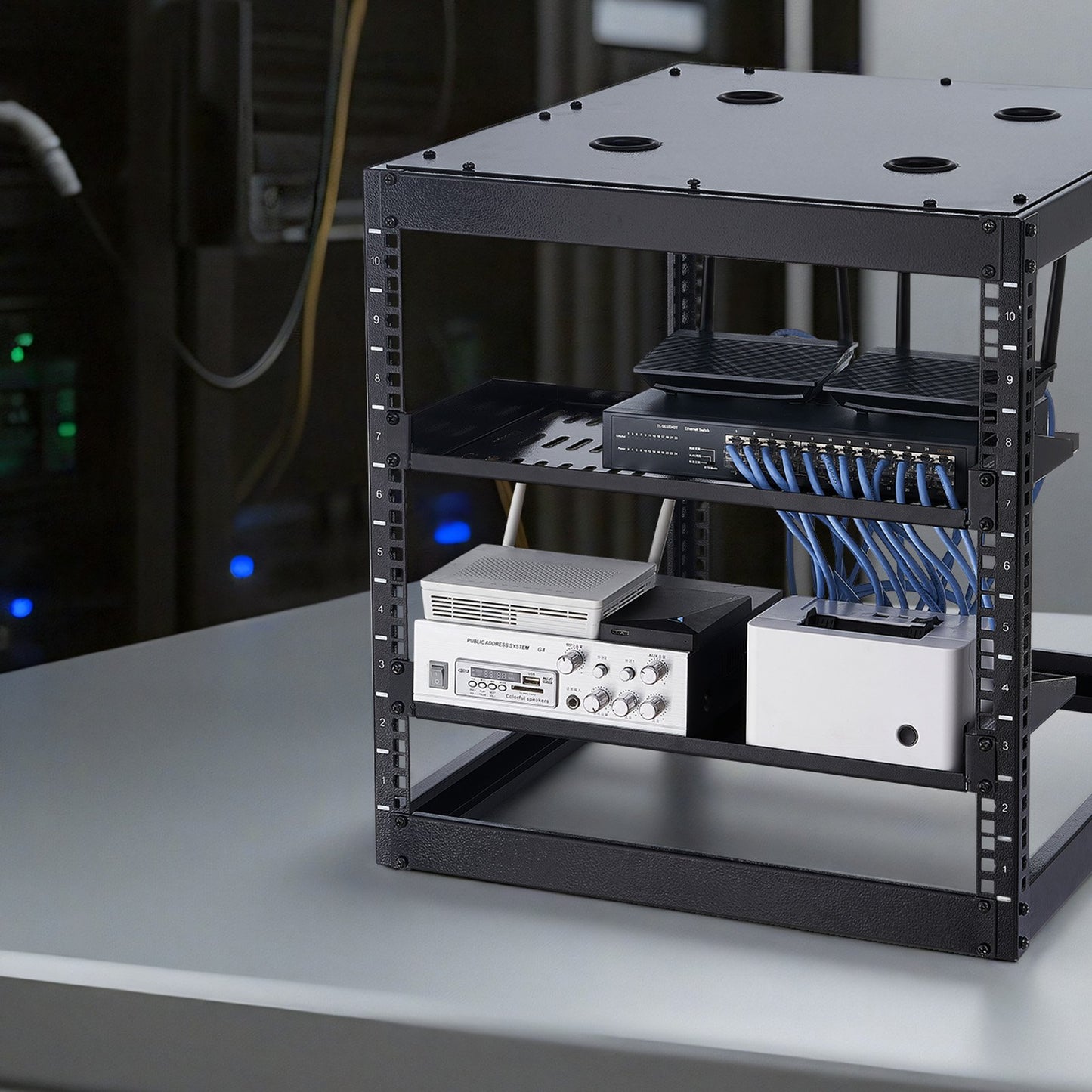 1U Server Rack Shelf, 4 PCS, 22.68 kg Max Load-Bearing Vented Cantilever, Wall Mount or Rack Mount Shelf with Tray, 254 mm Depth, Good Air Circulation for Cabinet Computer Network Equipment