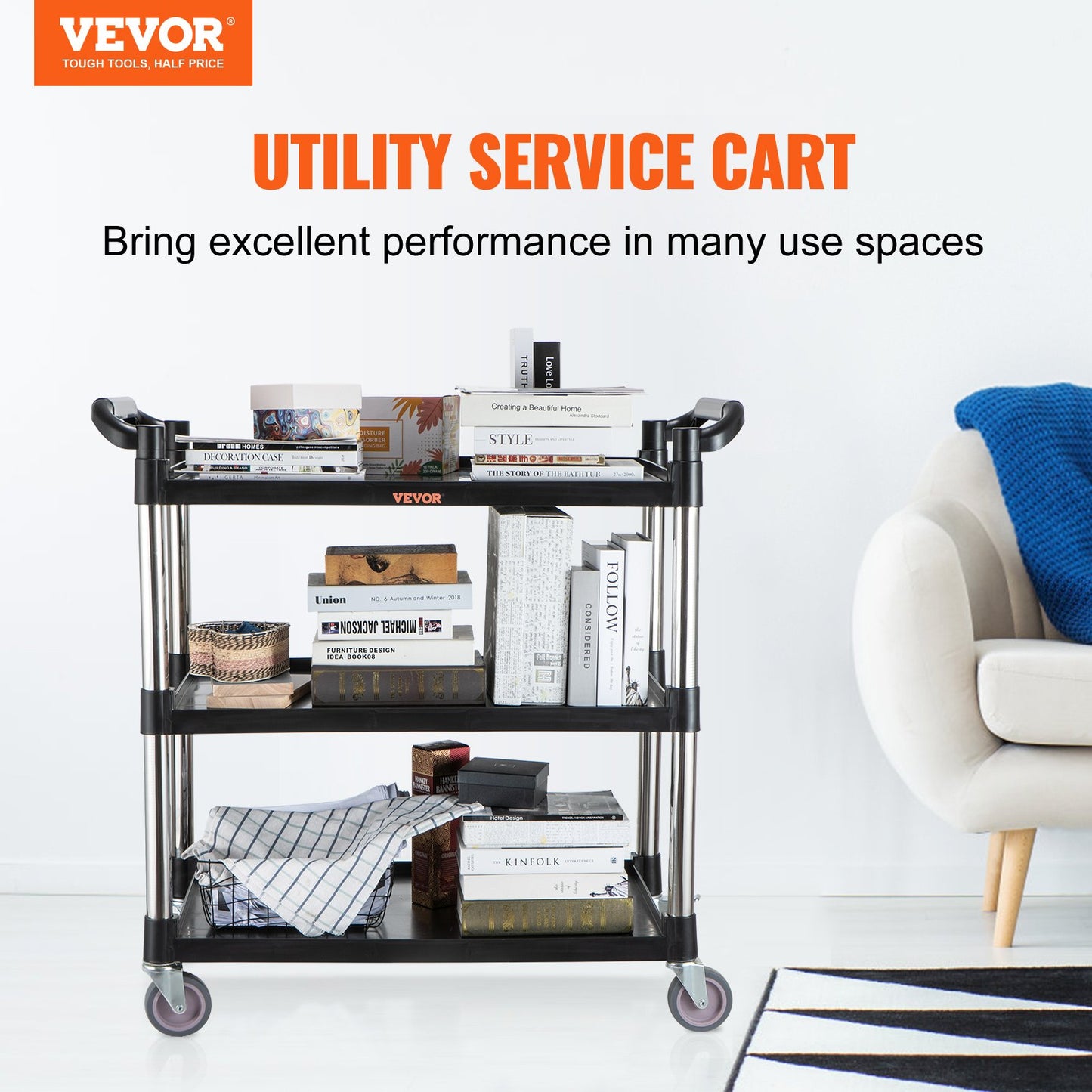 VEVOR Utility Service Cart with Wheels 3-Tier Food Service Cart 154lbs Capacity