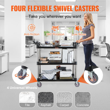 3-Tier Service Cart with Wheels, 70kg Capacity, Black, 0.83 x 0.4 x 0.95 m