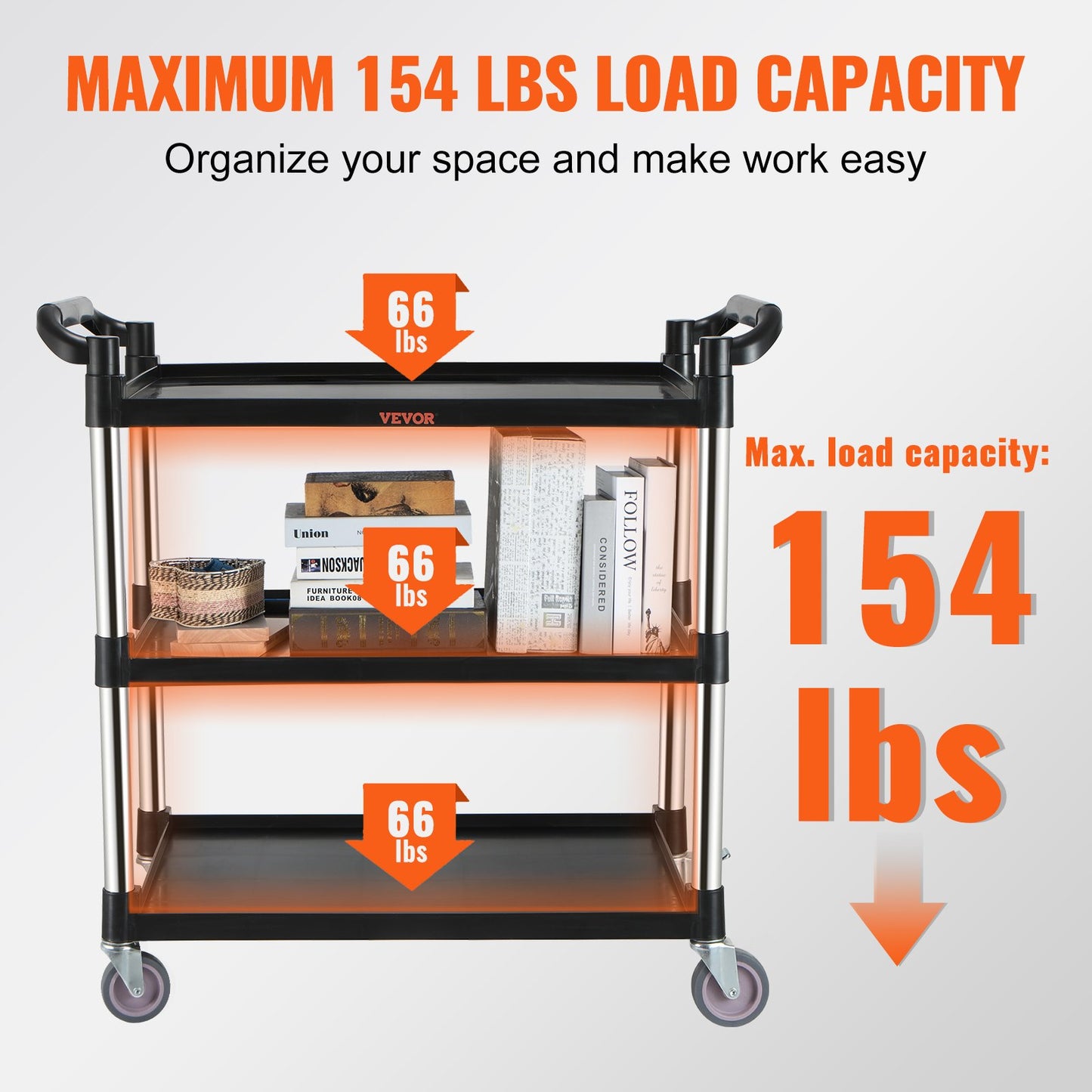 VEVOR Utility Service Cart with Wheels 3-Tier Food Service Cart 154lbs Capacity