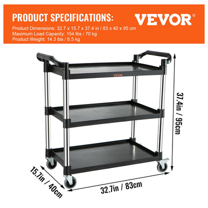 VEVOR Utility Service Cart with Wheels 3-Tier Food Service Cart 154lbs Capacity