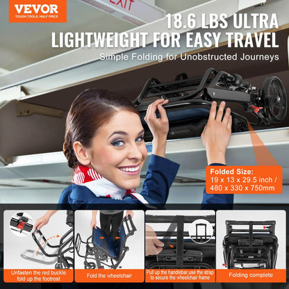 Lightweight Foldable Aluminum Transport Chair, 0.4m Wide Seat, 100kg Capacity