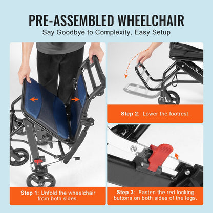 Lightweight Foldable Aluminum Transport Chair, 0.4m Wide Seat, 100kg Capacity