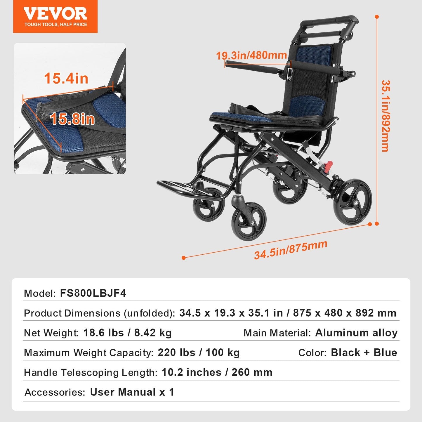 Lightweight Foldable Aluminum Transport Chair, 0.4m Wide Seat, 100kg Capacity