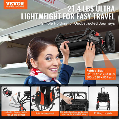 Lightweight Foldable Aluminum Transport Chair with 0.45m Seat, 100kg Capacity