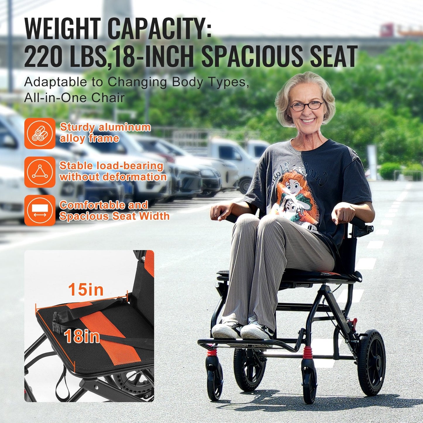 Lightweight Foldable Aluminum Transport Chair with 0.45m Seat, 100kg Capacity