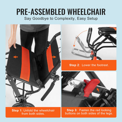 VEVOR Wheelchair Aluminum Alloy Transport Chair Foldable 18-In W Seat 220lbs