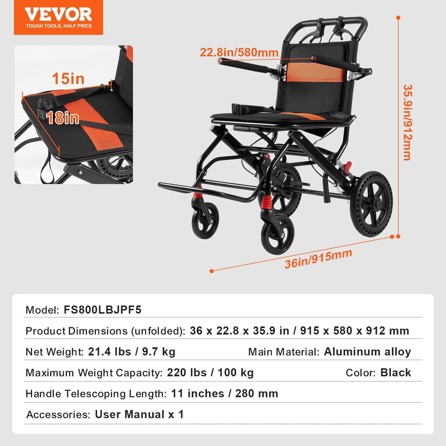 Lightweight Foldable Aluminum Transport Chair with 0.45m Seat, 100kg Capacity