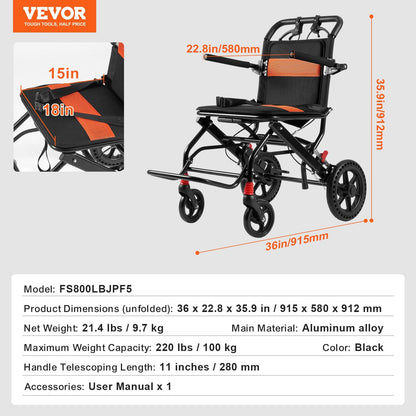 Lightweight Foldable Aluminum Transport Chair with 0.45m Seat, 100kg Capacity