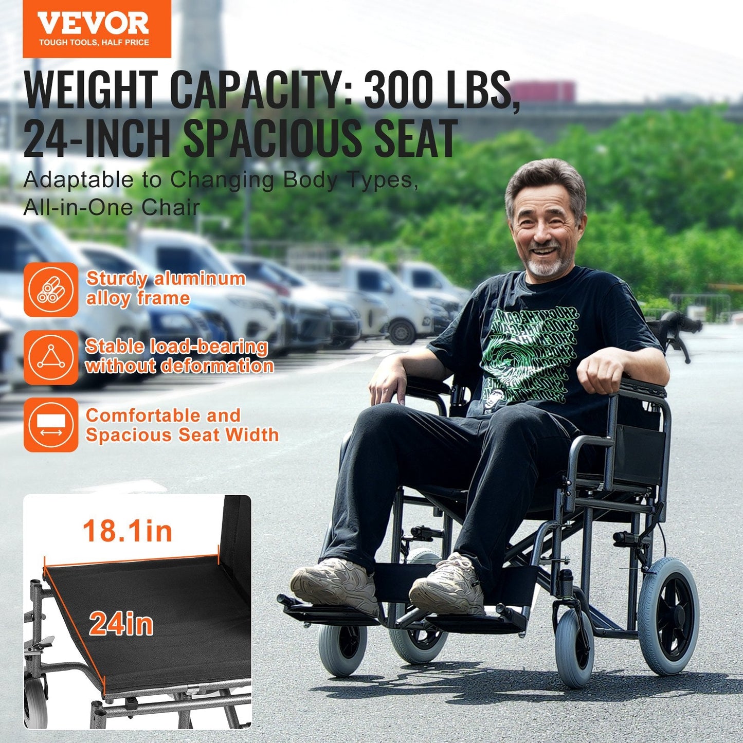 Foldable Steel Transport Wheelchair with 0.6m Wide Seat, 136 kg Capacity