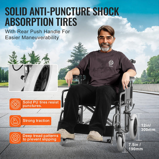 Foldable Steel Transport Wheelchair with 0.6m Wide Seat, 136 kg Capacity