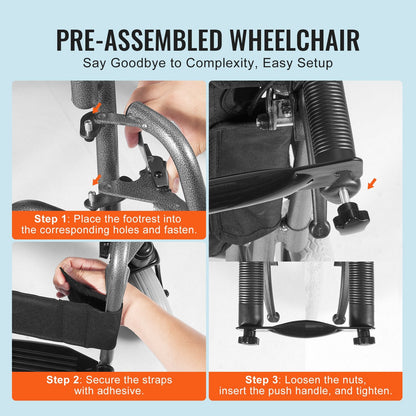 Foldable Steel Transport Wheelchair with 0.6m Wide Seat, 136 kg Capacity