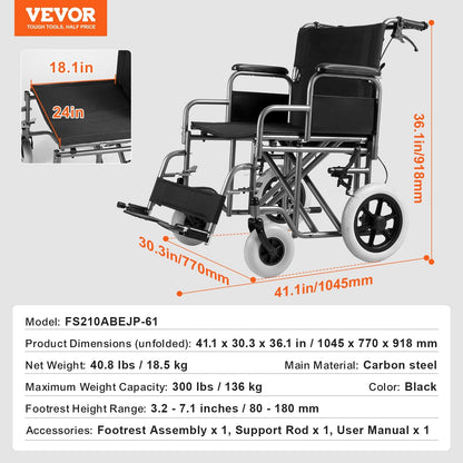 Foldable Steel Transport Wheelchair with 0.6m Wide Seat, 136 kg Capacity