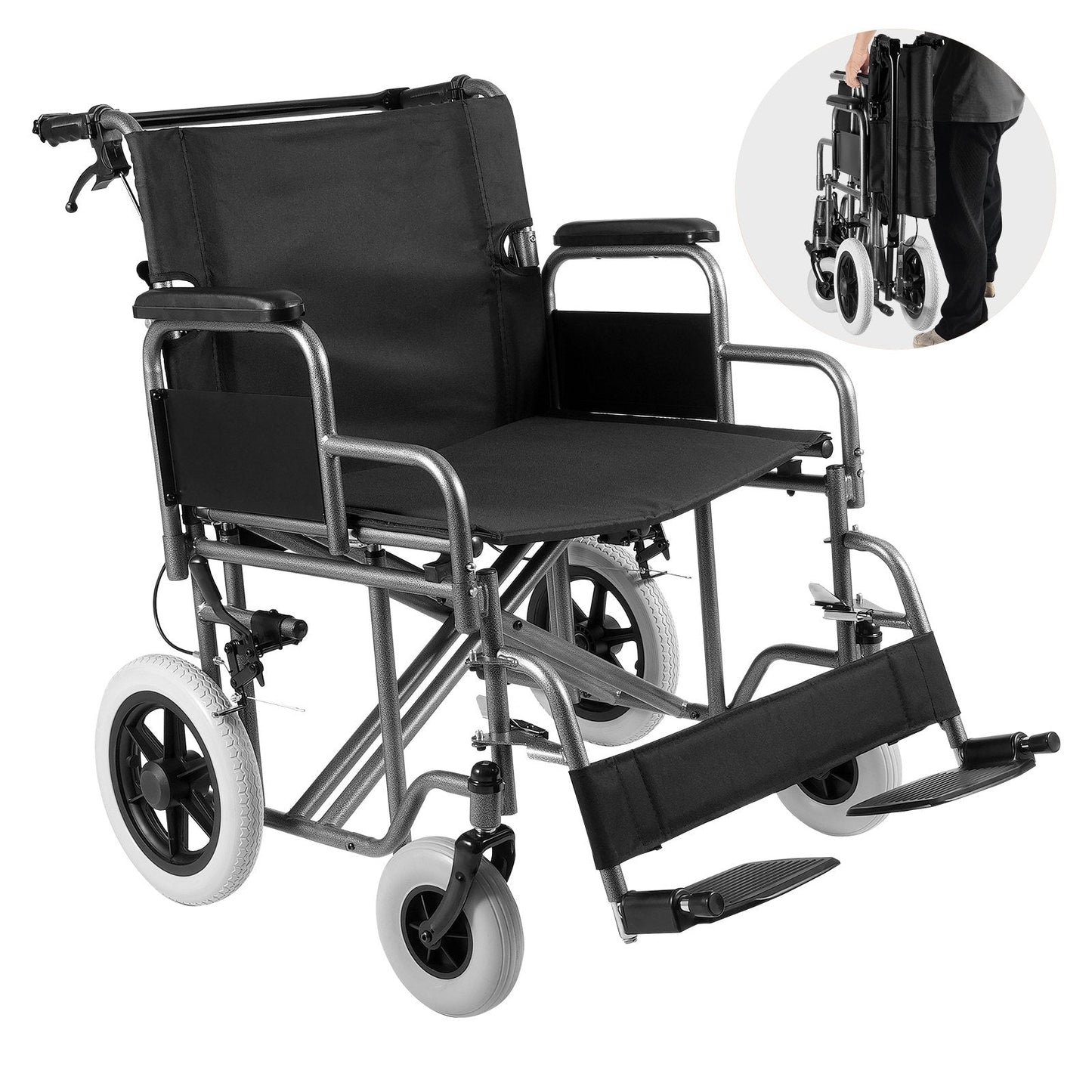 Foldable Steel Transport Wheelchair with 0.6m Wide Seat, 136 kg Capacity