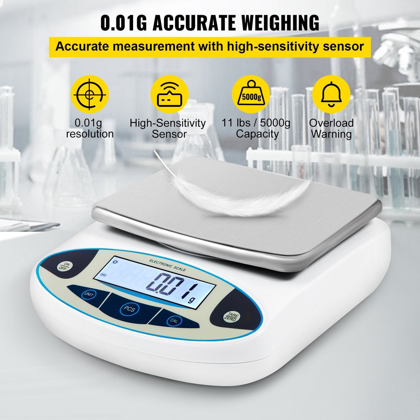 Digital Precision Lab Scale 5000g x 0.01g with LCD Display and Multiple Functions