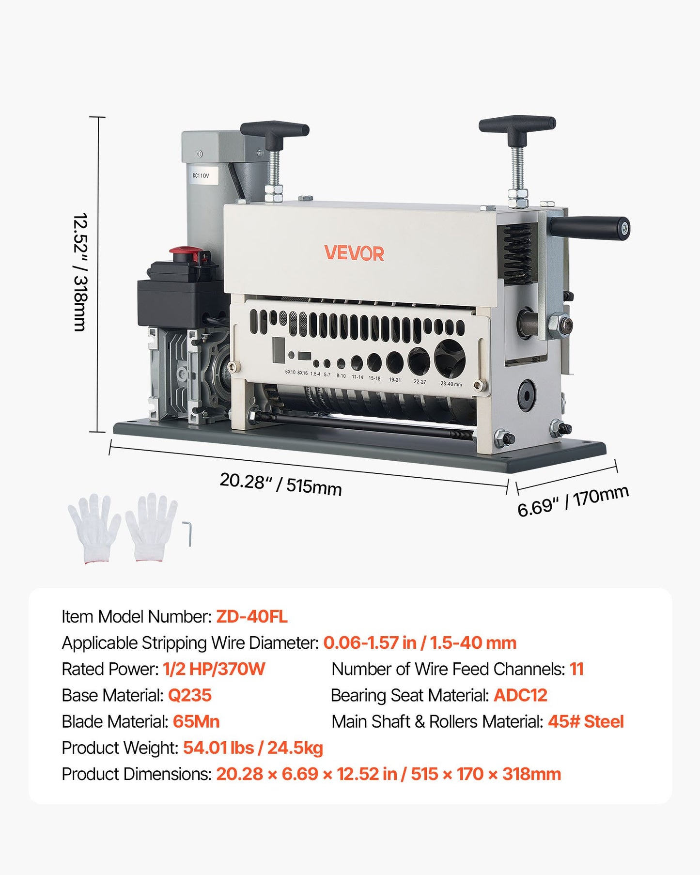 Electric Wire Stripper Machine, 1.5-40 mm, 11 Channel Automatic Copper Cable Stripper,  370W Wire Stripper Tool with Manual Hand Crank Mode, Emergency Stop Button, for Scrap Copper Recycling