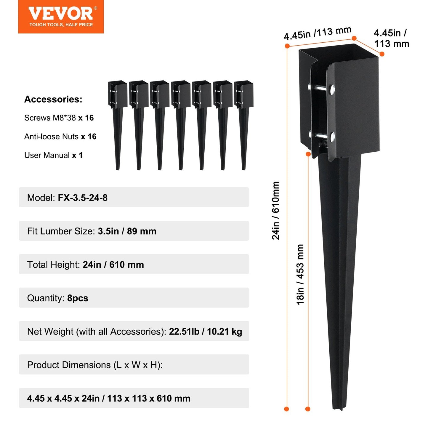 Steel Fence Post Anchors 8-Pack, 0.61m x 0.11m, Easy Install & Durable Design