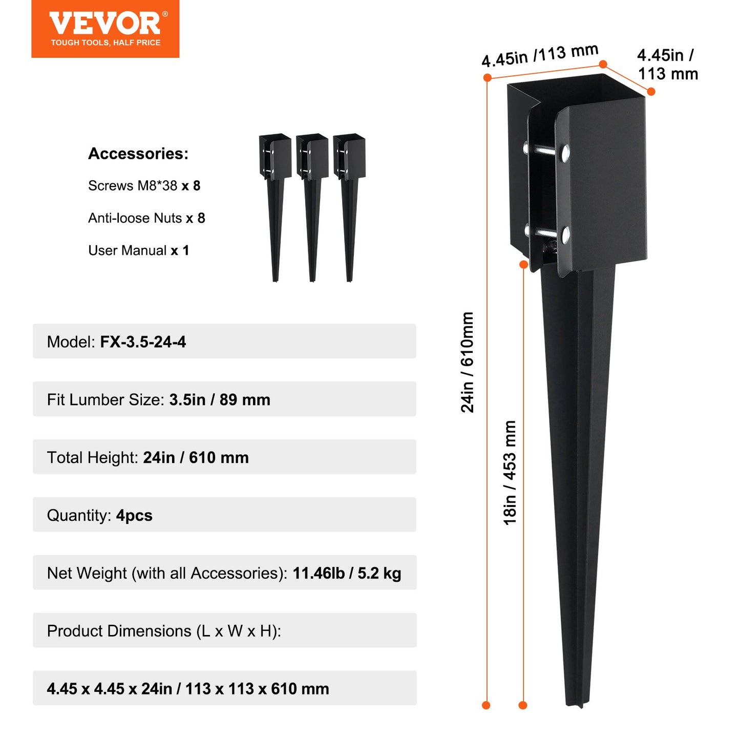 VEVOR Fence Post Anchor Ground Spike 4 Pack 24 x 4 x 4 In Metal Fence Stakes