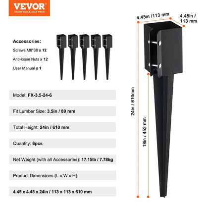 Metal Fence Post Anchor Spikes, 6 Pack, 0.61m x 0.10m, Easy Install, 7.78kg Total